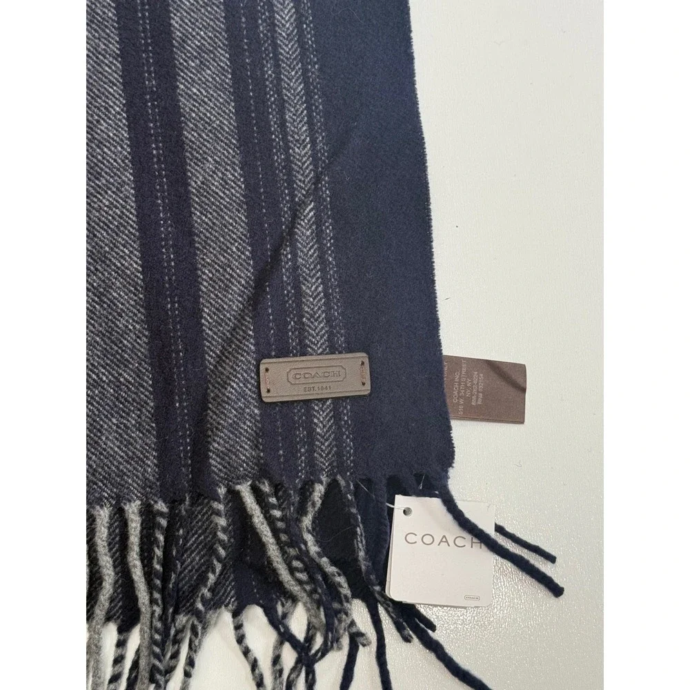 Coach Navy Blue Grey Striped Herringbone Fringed Winter Scarf New With Tags‎